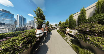 people sitting on benches on a roof garden overlooking the city at Chateau on Wells, Chicago
